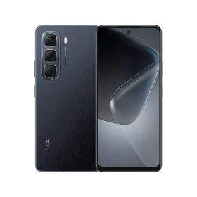 Infinix Hot 50 siyah akıllı telefon, ön ekran ve üçlü arka kamera tasarımıyla vitrin görünümü