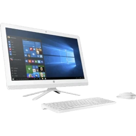 HP 24-g010nt 1EE09EA beyaz masaüstü bilgisayar, ekranı, klavyesi ve faresiyle birlikte sergileniyor