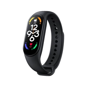 Xiaomi Mi Band 7 siyah akıllı bileklik, renkli ekranı ve ayarlanabilir silikon kordonuyla önden görünüm