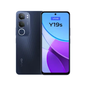 Vivo Y19s siyah akıllı telefon, çift kamera modüllü arka yüz ve delikli ekranlı ön görünüm