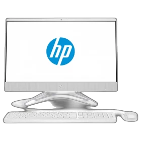 HP 24-f0051nt 8UE18EA masaüstü bilgisayar, beyaz ekran, klavye ve fareyle birlikte önden görünüm