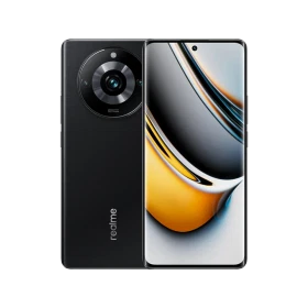 Siyah Realme 11 Pro Plus akıllı telefonun ön ve arka görünümü, dairesel kamera modülü ve ekran tasarımı