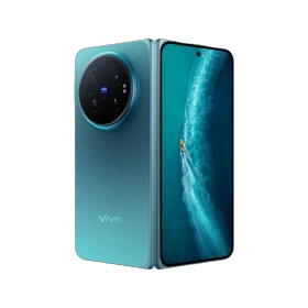 Vivo X Fold6 mavi akıllı telefonun ön ve arka yüzü; kamera modülü ve katlanır tasarım öne çıkar.