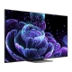 TCL 75C835 Ultra HD 4K LED televizyon, genel renkli siyah çerçeveli ekranında mor ışık görselleri