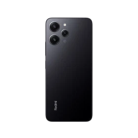 Xiaomi Redmi 12 siyah akıllı telefonun arka yüzü, üçlü kamera modülü ve Redmi logosu görünümü