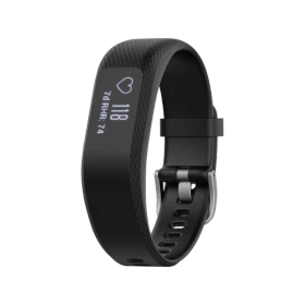 Garmin Vivosmart 3 siyah akıllı bileklik, nabız ölçüm ekranı ve ayarlanabilir kayışıyla önden görünüm
