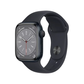 Apple Watch Series 8 41 mm siyah alüminyum kasa ve spor kordonlu akıllı saat, önden görünüm