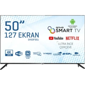 Onvo OV50F351 Ultra HD 4K TV, siyah çerçeveli 50 inç LED televizyonun önden görünümü
