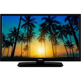 Vestel 22F8510 Full HD LED televizyon, siyah çerçevesiyle ekranda palmiye ağaçlı gün batımını gösteriyor