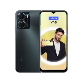 Vivo Y16 siyah akıllı telefon, ön ekran ve arka yüzey tasarımıyla çift kamera modülü görünümü