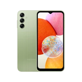 Yeşil Samsung Galaxy A14 akıllı telefon, üçlü arka kamera ve tam ekran ön yüz tasarımıyla görünüm