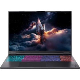Acer Nitro 16S AI AN16S siyah oyuncu laptop, RGB klavyeli açık ekranlı ön görünüm