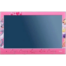 Vestel 22VF5012 Bugs & Lola Bunny Full HD LED televizyon, pembe çerçevesinde çizgi karakterler