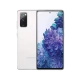 Beyaz Samsung Galaxy S20 FE akıllı telefon, ön ekran ve üçlü arka kamera modülüyle önden ve arkadan görünüm