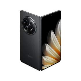 Oppo Find N5 siyah katlanabilir akıllı telefon, ön ekran ve arka kamera modülüyle vitrin görünümü