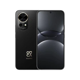 Huawei Nova 13 siyah akıllı telefonun ön ve arka yüzü, dairesel kamera modülüyle vitrin görünümü