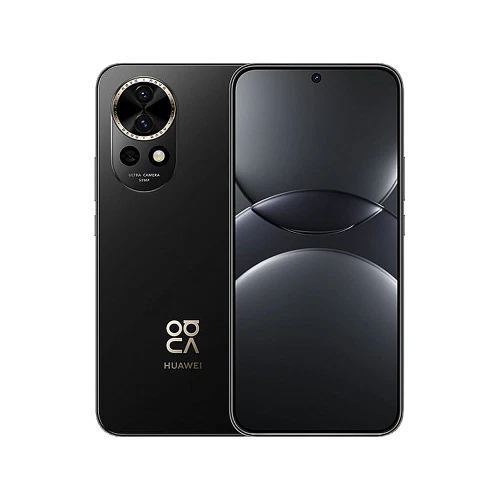 Huawei Nova 13 siyah akıllı telefonun ön ve arka yüzü, dairesel kamera modülüyle vitrin görünümü