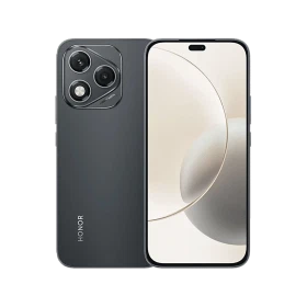 Honor 400 Lite siyah akıllı telefon, ön ekran ve arka üçlü kamera tasarımıyla vitrin görünümü