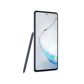 Samsung Galaxy Note 10 Lite siyah akıllı telefon, önden ekran görünümü ve yanında S Pen kalemle birlikte