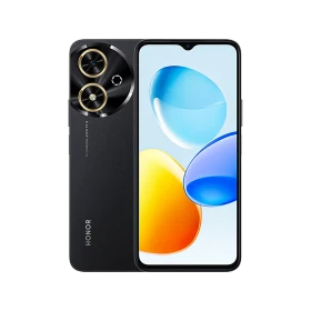 Honor Play 50 siyah akıllı telefon, ön ekran ve arka çift kamera tasarımını gösteren vitrin görünümü