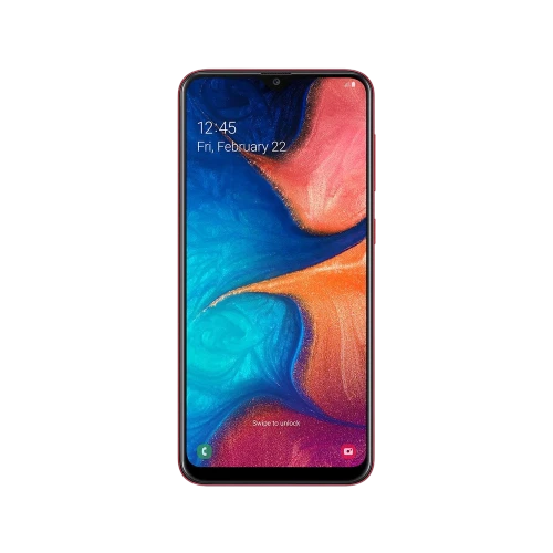 Kırmızı Samsung Galaxy A20 akıllı telefonun ön yüzü, damla çentikli ekran ve renkli duvar kâğıdı görünümü