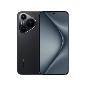 Huawei Pura 70 siyah akıllı telefon, ön ekran ve üçlü arka kamera tasarımını gösteren vitrin görseli