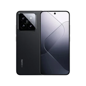 Xiaomi 14 siyah akıllı telefon, ön ekran ve arka Leica üçlü kamera tasarımıyla vitrin görünümü