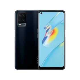 Oppo A54 siyah akıllı telefonun ön ve arka yüzü, renkli ekranı ve kamera tasarımı görülüyor