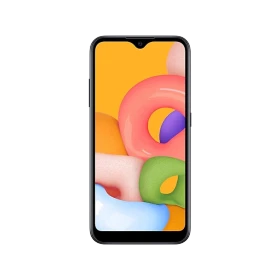 Samsung Galaxy A01 siyah akıllı telefon, önden ekran görünümü ve ince çerçeveli tasarım, vitrin görseli