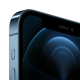Apple iPhone 12 Pro mavi akıllı telefonun üst köşe yakın planı, ekran ve yan tuş detayları