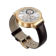 Huawei Watch Gold Altın akıllı saat, altın renkli kasası ve kahverengi deri kayışıyla önden görünür.