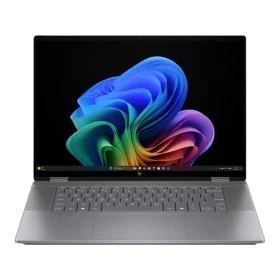 HP OmniBook 5 AI 16-ar00013 B5U00TT003 koyu gri iş laptopu, açık kapak ve renkli ekran arayüzüyle