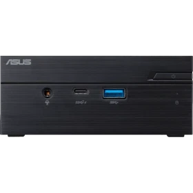 Asus PN61-B7206MD siyah masaüstü bilgisayarın ön paneli, USB ve kulaklık bağlantılarıyla birlikte gösteriliyor
