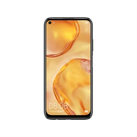 Huawei P40 Lite siyah telefon, ön yüzünde çerçevesiz ekran ve turuncu duvar kâğıdıyla dikey konumda duruyor