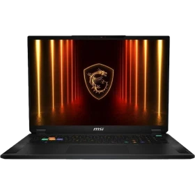 MSI Stealth 18 HX AI A2XWHG-024TR siyah oyuncu laptop; kalkan logosu ve RGB ışıklarla vitrin görünümü