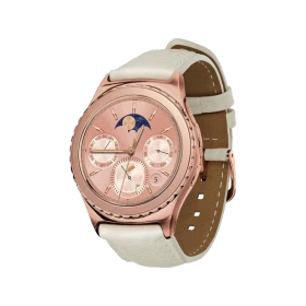 Samsung Gear S2 Classic Rose pembe akıllı saat, beyaz deri kayış ve yuvarlak kadranıyla önden görünür