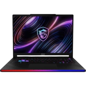 MSI Raider 16 Max HX B2WI-092TR siyah oyuncu laptop; RGB ışıklı klavye ve neon arka plan ekranda.