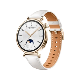 Huawei Watch GT 4 Beyaz 41 mm akıllı saat, altın renkli kasası ve beyaz deri kordonuyla önden görünüm