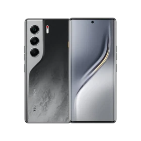 Tecno Camon 40 Pro 5G siyah akıllı telefon, ön ekran ve üçlü arka kamera tasarımıyla vitrin görünümü