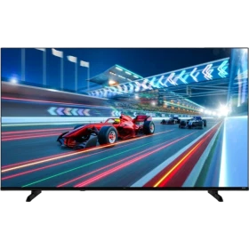 Vestel 55QG9950 Ultra HD 4K QLED televizyon, yarış pistinde ilerleyen kırmızı yarış araçlarını gösteriyor