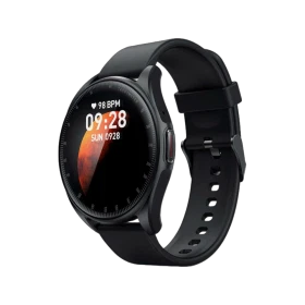 Tecno Watch 3 siyah akıllı saat, yuvarlak ekranı ve ayarlanabilir silikon kayışıyla önden görünüm