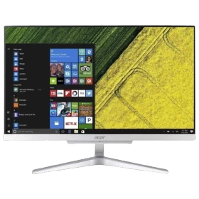 Acer Aspire C22-865 masaüstü bilgisayarın önden görünümü, siyah ekran ve gümüş renkli standıyla