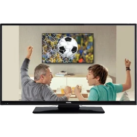 Vestel 32FB7000 Full HD LED televizyon, siyah çerçeveli ekranında futbol izleyen baba ve oğuluyla