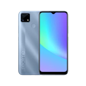 Realme C25 S mavi akıllı telefon, ön ekran ve arka kamera tasarımıyla vitrin görünümü
