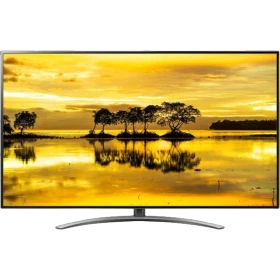 LG 55SM9010PLA Ultra HD 4K LED televizyon; gün batımı manzaralı ekran, siyah ince tasarım.