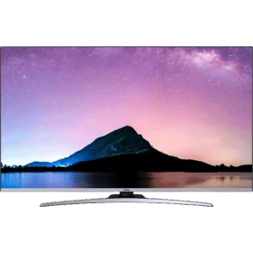 Vestel 65UD9860 Ultra HD 4K LED televizyon, ince çerçeveli ekranı ve gümüş renkli ayaklarıyla önden görünüm