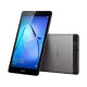 Huawei MediaPad T3 7 gri tablet, önden ve arkadan görünüm; mavi ekran ışığı ve kamera detayı dikkat çekiyor.
