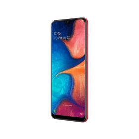 Kırmızı Samsung Galaxy A20 akıllı telefon, ince çerçeveli ekran ve damla çentik tasarımıyla önden görünüm