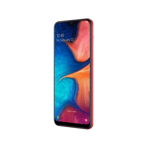 Kırmızı Samsung Galaxy A20 akıllı telefon, ince çerçeveli ekran ve damla çentik tasarımıyla önden görünüm