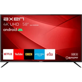 Axen AX58LED203 Ultra HD 4K LED televizyon, siyah çerçeveli 58 inç ekranıyla önden görünür.
